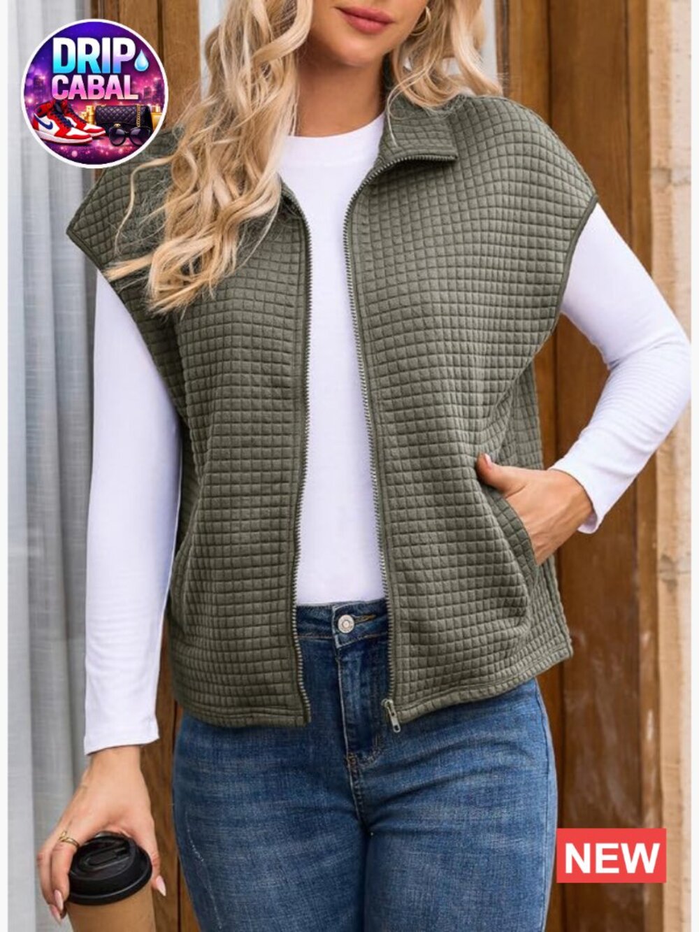 Zipper Up Cap Sleeve Side Pockets Waffle Knit Sleeveless Oversized Vest - Picture 3 of 7